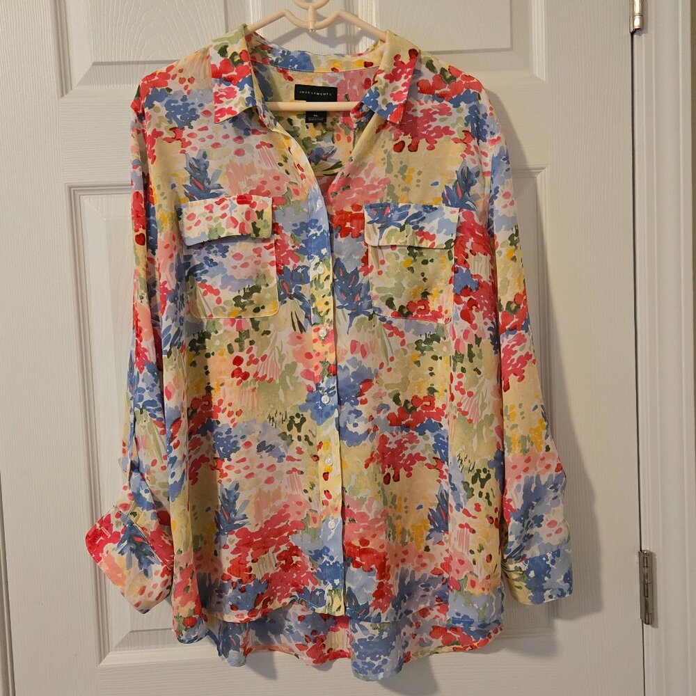 Investments Long Sleeve Button Front Pastel Floral Print Women's Shirt Size XL